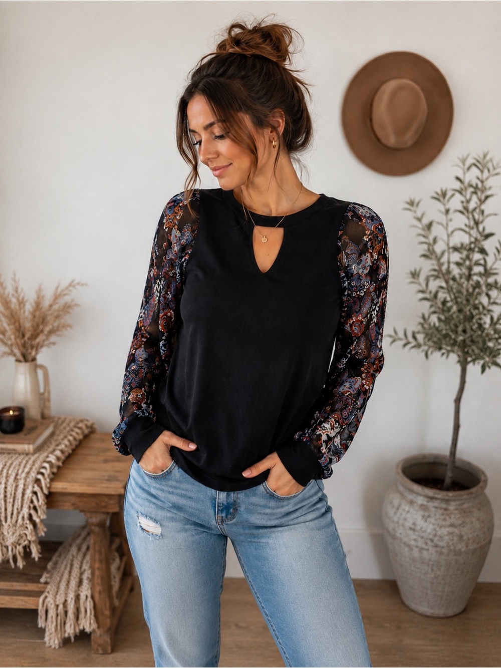 Maurices Black Keyhole Boho Top Women’s Large Sheer Paisley Sleeve Sweater